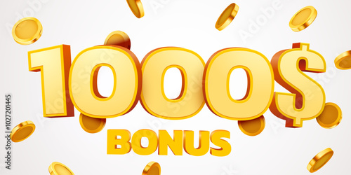 1000 dollars bonus with podium and falling golden coins. Cashback or prize concept.