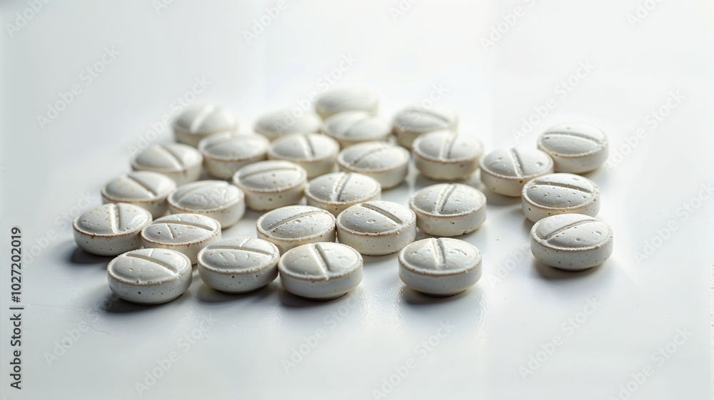 White pills on a white background. Close-up. Focus on foreground. White pills on a white background. Close-up. Focus on foreground.