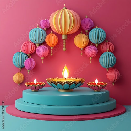 Charming 3D illustration of Diwalithemed podium featuring an array of colorful paper lanterns and a central diya oil lamp displayed on a round blank card radiating festive cheer and celebration photo