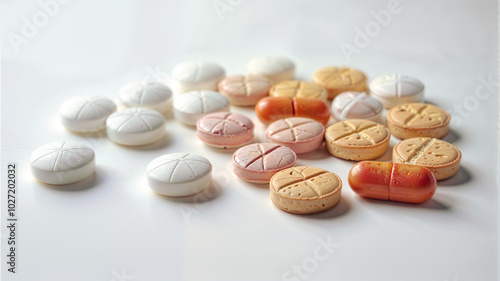 Heap of pills on white background. Focus on foreground