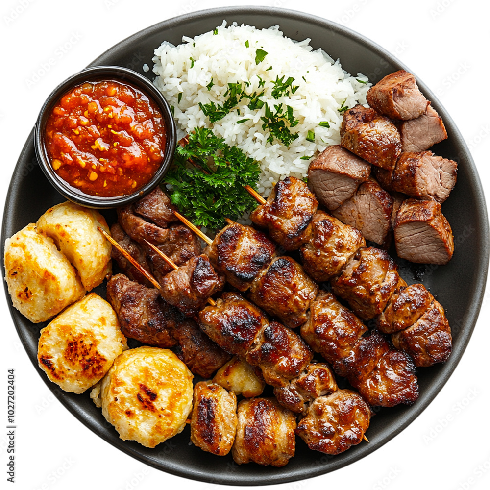 A platter of grilled chicken skewers served with colorful dipping sauces on transparent background A platter of grilled chicken skewers served with colorful dipping sauces on transparent background