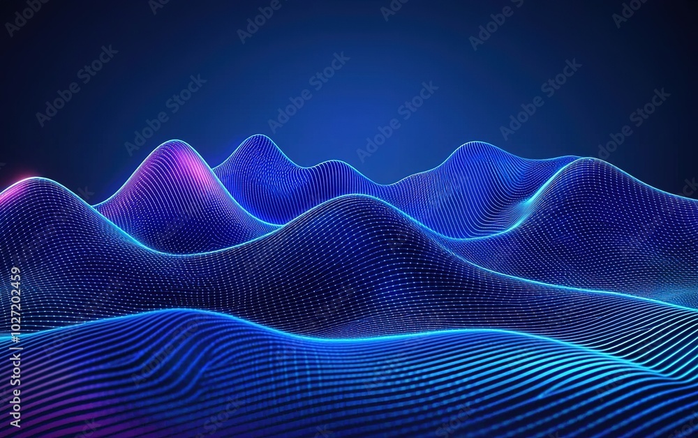 Digital wave patterns illuminated in blue and pink tones create a dynamic and futuristic landscape in a dark environment Digital wave patterns illuminated in blue and pink tones create a dynamic and futuristic landscape in a dark environment