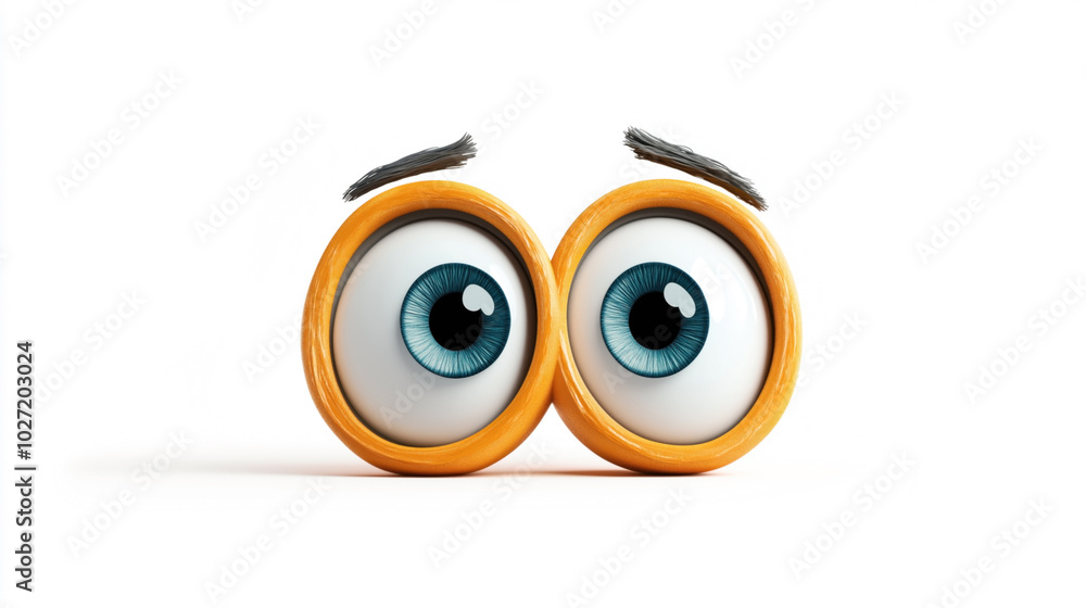 Close-up of a pair of cartoon eyes with blue irises and raised eyebrows in orange circular frames on a white background. Close-up of a pair of cartoon eyes with blue irises and raised eyebrows in orange circular frames on a white background.