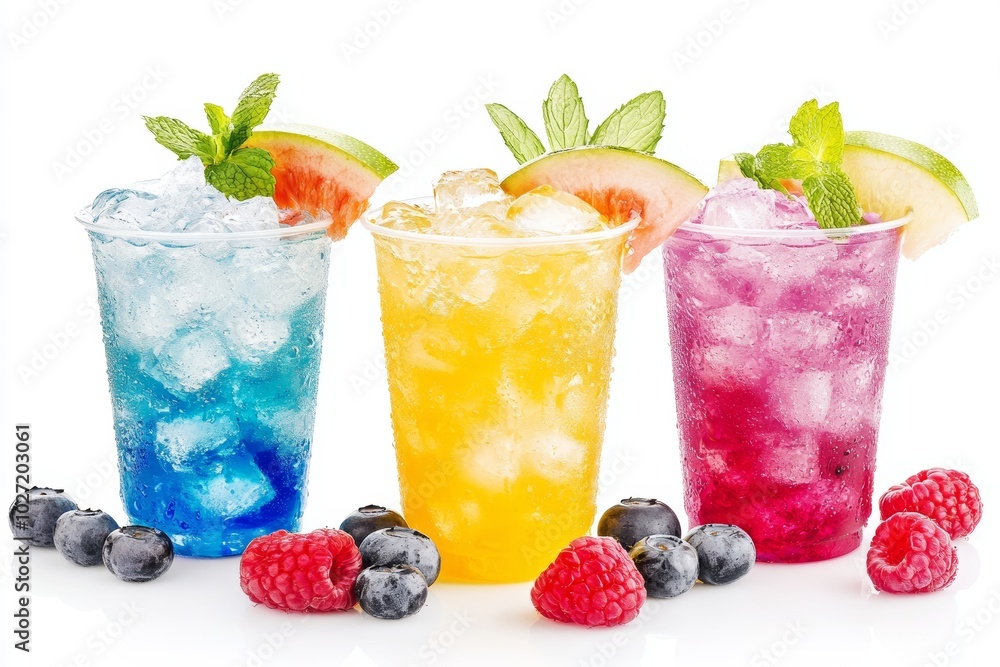 Three colorful refreshing drinks with ice, fruit and mint in plastic cups. Three colorful refreshing drinks with ice, fruit and mint in plastic cups.