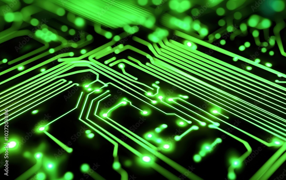 Fototapeta premium Close-up view of a green circuit board with intricate patterns and glowing connections in a digital setting