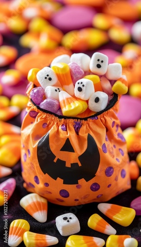 An orange trick or treat bag with a jack-o-lantern face sits on a black surface surrounded by assorted Halloween candies.