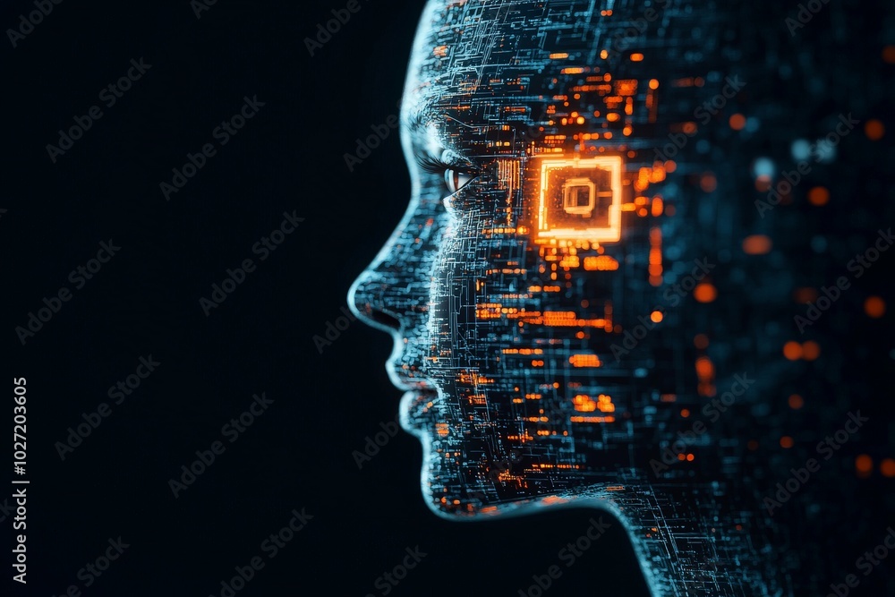 A digital humanoid profile face composed of a vibrant pixel array, illustrating the blend of human elements with advanced digital technology. A digital humanoid profile face composed of a vibrant pixel array, illustrating the blend of human elements with advanced digital technology.