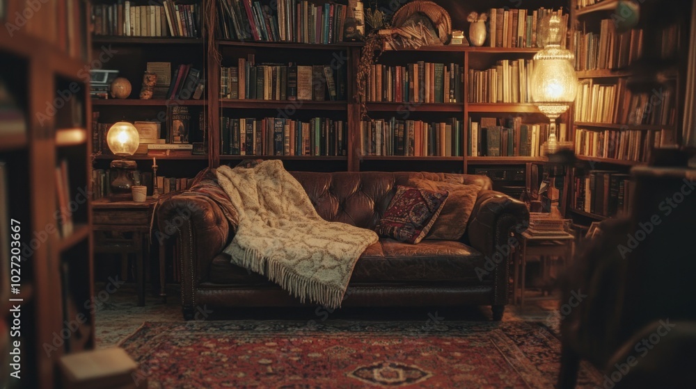 A Cozy Reading Nook with a Leather Sofa and Bookshelves Filled with Books A Cozy Reading Nook with a Leather Sofa and Bookshelves Filled with Books