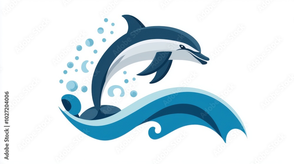 Fototapeta premium A dolphin soaring out of the ocean in an energetic leap, surrounded by water, on a white background