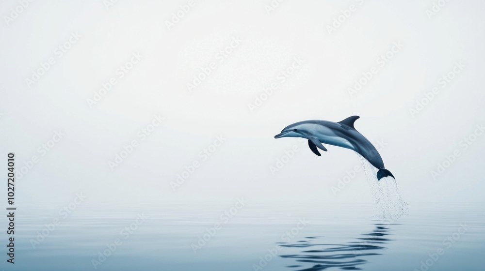 Stunning dolphin breaking the surface of the ocean, frozen in a leap against a white background Stunning dolphin breaking the surface of the ocean, frozen in a leap against a white background