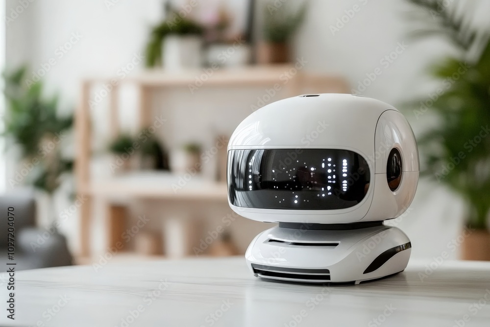 A modern, futuristic robot sits on a table in a home interior, surrounded by blurred plants and shelves, exuding a sense of technology and innovation. A modern, futuristic robot sits on a table in a home interior, surrounded by blurred plants and shelves, exuding a sense of technology and innovation.