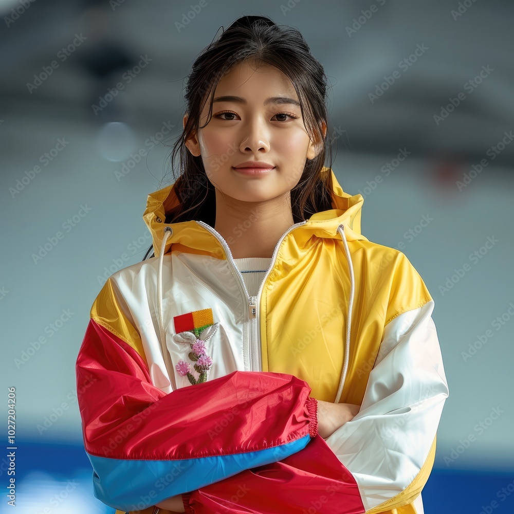 a Chinese female athlete standing proudly on the podium. She is dressed in a color-blocked hooded jacket. a Chinese female athlete standing proudly on the podium. She is dressed in a color-blocked hooded jacket.