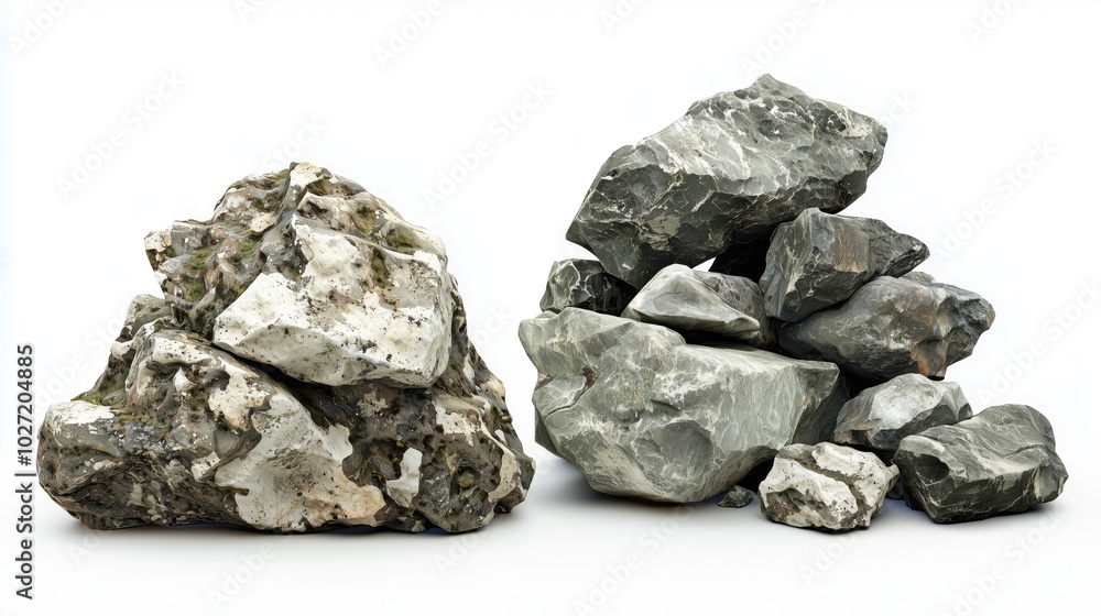 Two Distinct Piles of Rocks Featuring Large Irregular Rough Rocks with Moss and Smaller Smooth Rocks in Varying Shades of Gray Against White Background Two Distinct Piles of Rocks Featuring Large Irregular Rough Rocks with Moss and Smaller Smooth Rocks in Varying Shades of Gray Against White Background