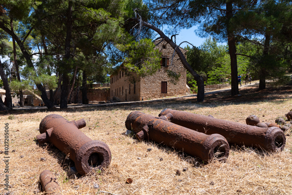 Old cannons and cannonballs inside Castle of Pylos (Niokastron)