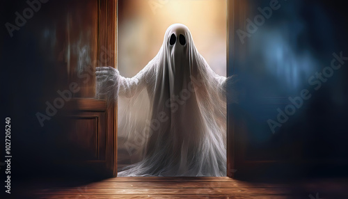 Ghost at an open wooden door , background dark scary wall. Halloween concept