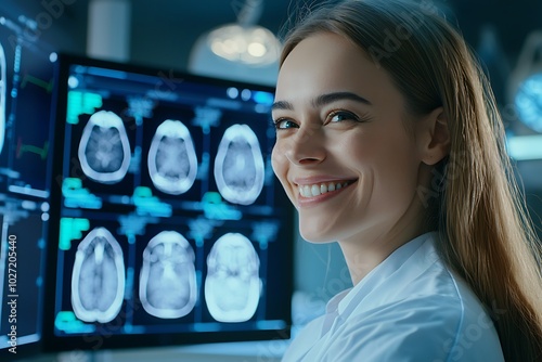 Doctor reviews medical imaging in a lab, smiling at the technological advancement.