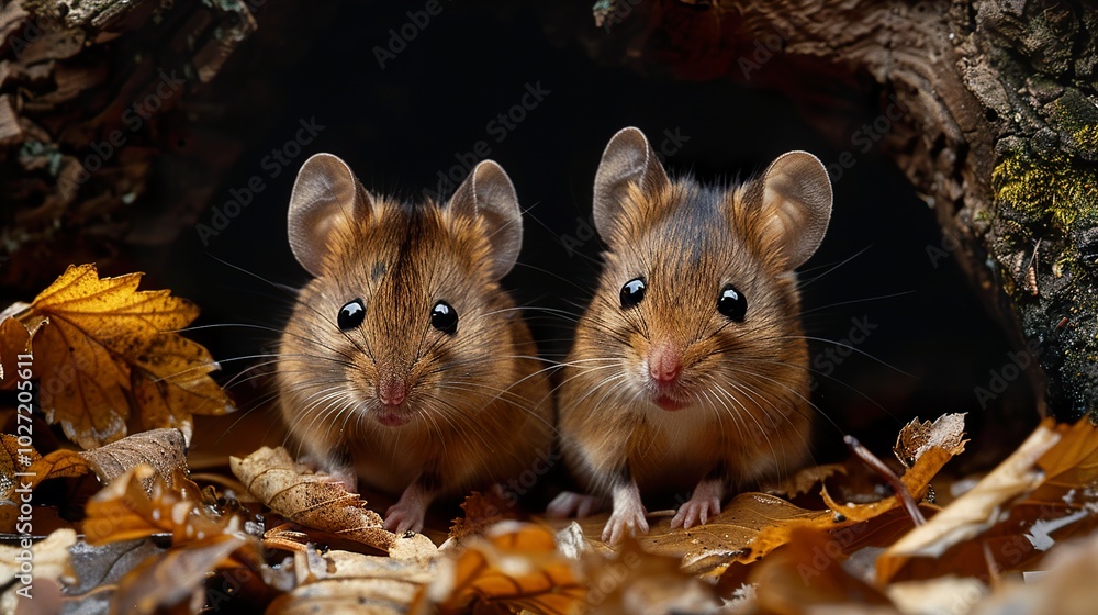Two Cute Mice Peeking Out From a Tree Trunk in Autumn Two Cute Mice Peeking Out From a Tree Trunk in Autumn