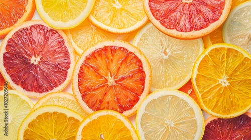 Top View of Vibrant Citrus Fruit Slices in Overlapping Layout, Oranges, Lemons, and Grapefruits in Bright and Colorful Close-Up photo