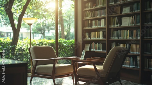 Two Chairs Facing a Window with Bookshelves and Sunlight