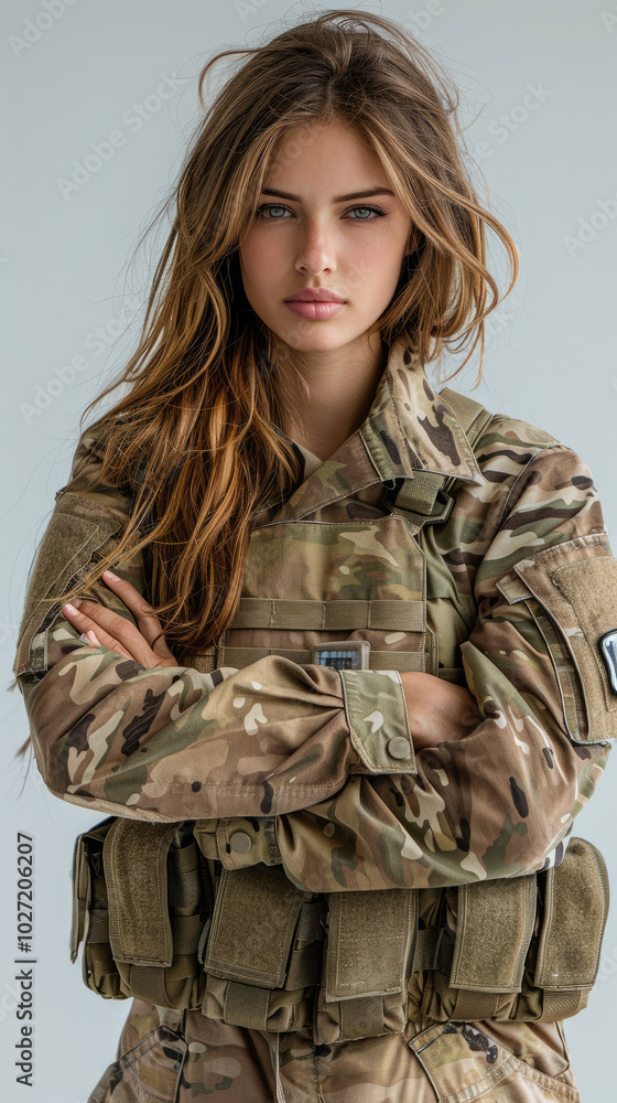 Confident beautiful female soldier with army uniform while doing crossed arms pose isolated on white background Confident beautiful female soldier with army uniform while doing crossed arms pose isolated on white background