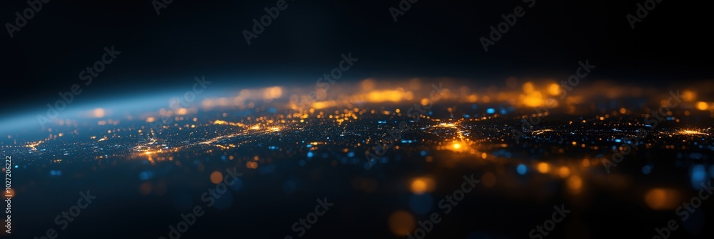 Naklejka premium A breathtaking view from space showcases Earth's glowing cities and towns at night, illustrating human civilization's presence amidst the darkness of space.