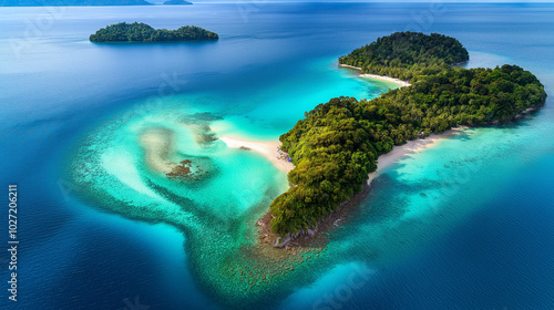 Aerial view of turquoise ocean and tropical island with Water Bungalows, Atoll, Maldives. Indian Ocean Nature touch