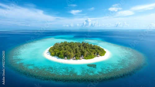 Aerial view of turquoise ocean and tropical island with Water Bungalows, Atoll, Maldives. Indian Ocean Nature touch