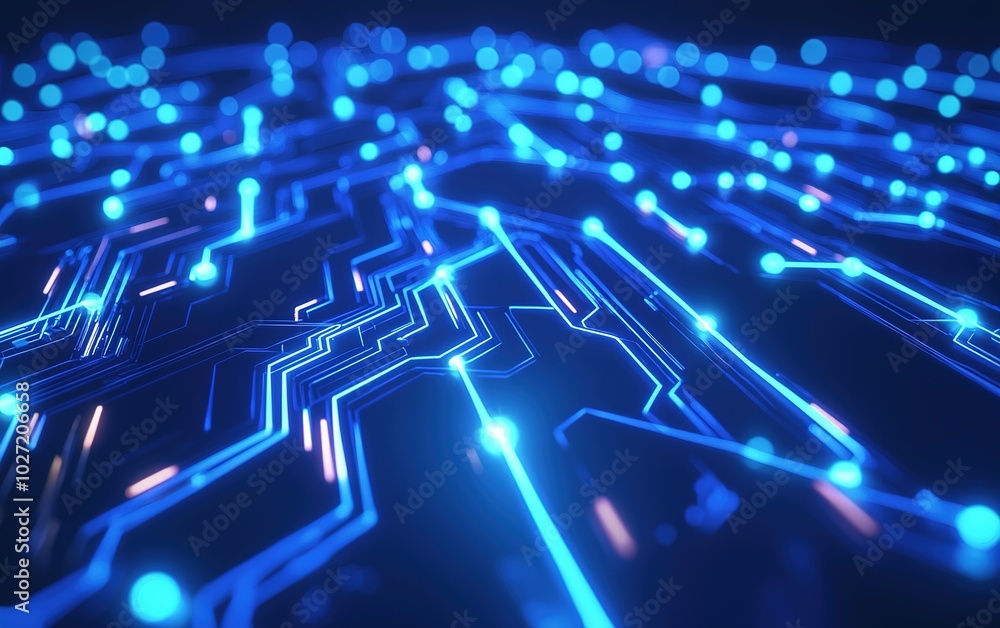 Obraz premium Vivid blue illuminated circuit board close-up showcasing intricate electronic pathways and connections in a dark setting