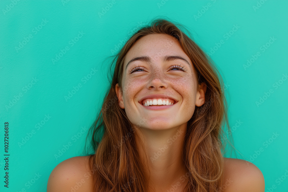 Smiling young woman with long hair against a vibrant turquoise background. Smiling young woman with long hair against a vibrant turquoise background.