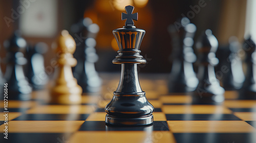 Close-up of a king chess piece on a wooden chessboard, surrounded by blurred pieces.