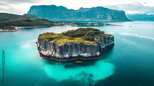 Aerial view of Northern Norway island turquoise ocean with beautiful landscape mountains background