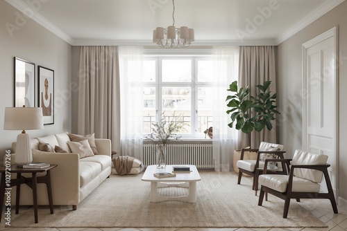 Elegant living room interior with neutral shades and modern furniture, cozy atmosphere 