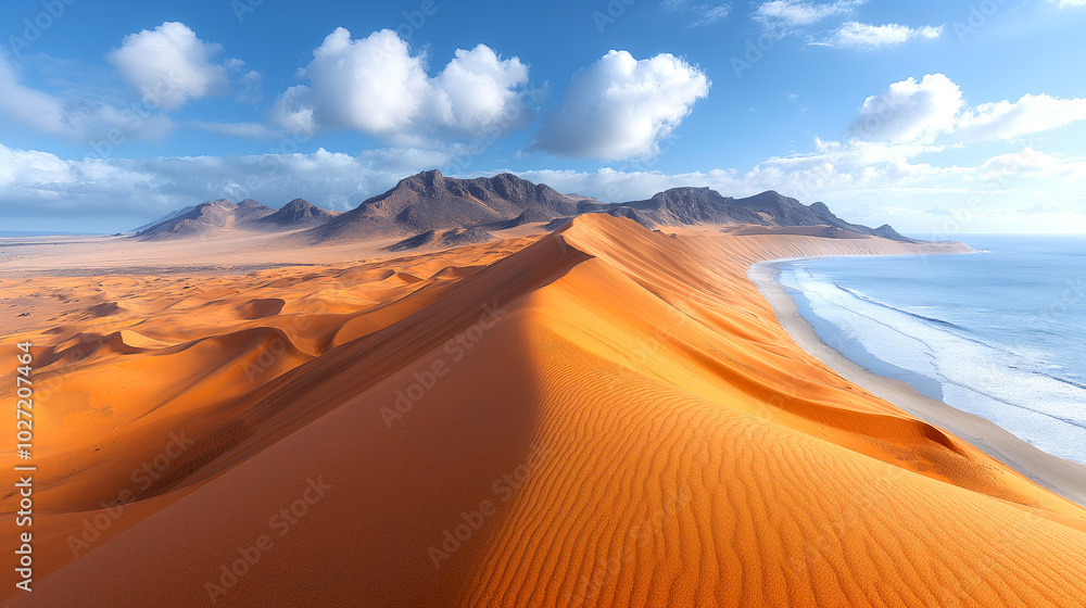 landscape view of the sand dunes contrast with the ocean with blue sky. Amazing nature landscape view of the sand dunes contrast with the ocean with blue sky. Amazing nature