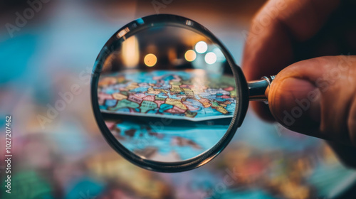 A hand holds a magnifying glass, focusing on a vibrant map filled with geographical features and details.