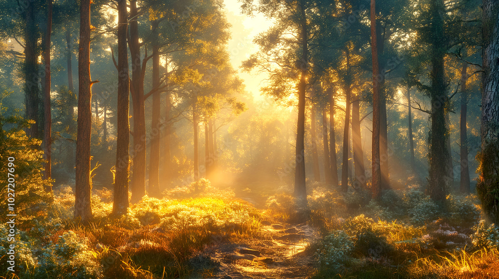 Landscape of beautiful woodland. Evening sunset breaks through lush leafy trees shrouded in mist, creating a peaceful glow in the forest. Landscape of beautiful woodland. Evening sunset breaks through lush leafy trees shrouded in mist, creating a peaceful glow in the forest.