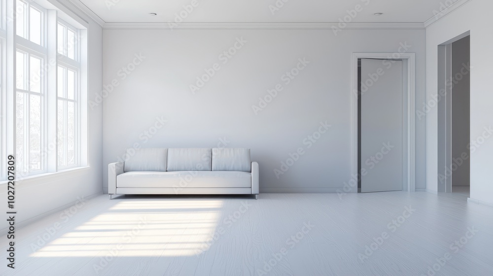 A minimalist room featuring a white sofa, large windows, and soft sunlight illuminating the space, conveying a serene and spacious atmosphere. A minimalist room featuring a white sofa, large windows, and soft sunlight illuminating the space, conveying a serene and spacious atmosphere.