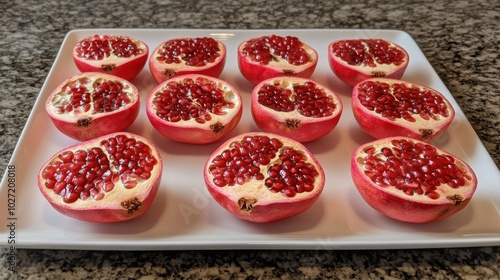 Fresh Pomegranate Halves on a White Plate