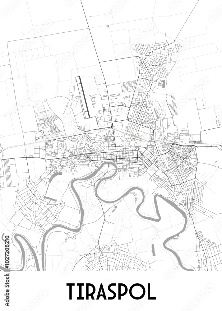 Fototapeta premium A detailed black and white map of Tiraspol, a city in Moldova. The map showcases the city's street network, including major roads and smaller streets. A winding river flows through the city