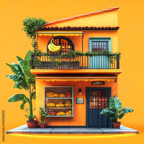 Colorful tropical fruit market small twostory building banana tree nearby Balcony displays bananas glowing orangeyellow ring surrounds the ground minimalistic solid background photo