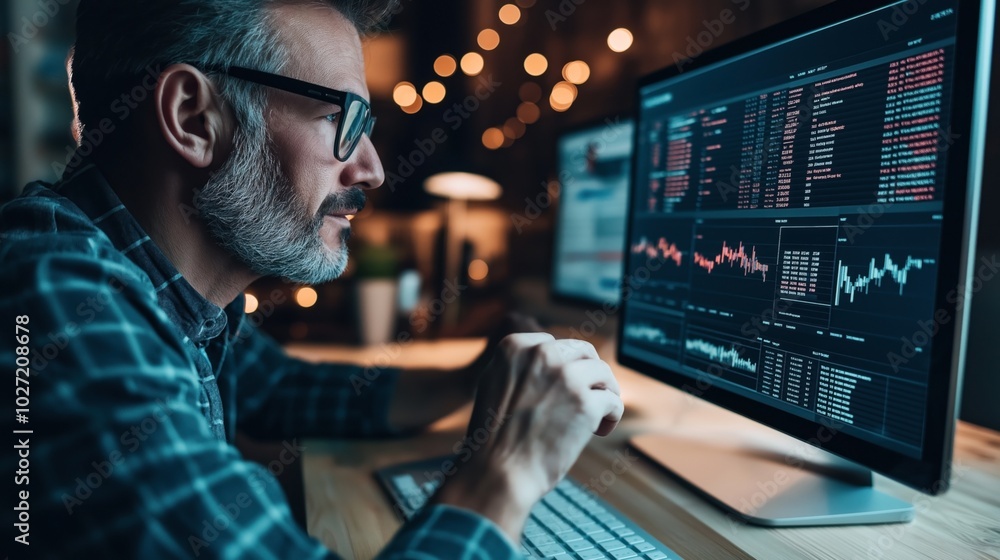 Middle-aged man with glasses analyzing financial data on multiple computer monitors in a dimly lit office environment with bokeh lights in the background. Middle-aged man with glasses analyzing financial data on multiple computer monitors in a dimly lit office environment with bokeh lights in the background.