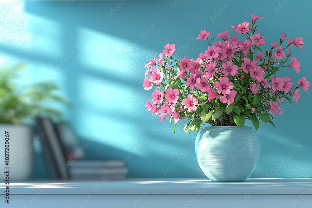 Vibrant pink flowers in a decorative vase on a shelf. Vibrant pink flowers in a decorative vase on a shelf.