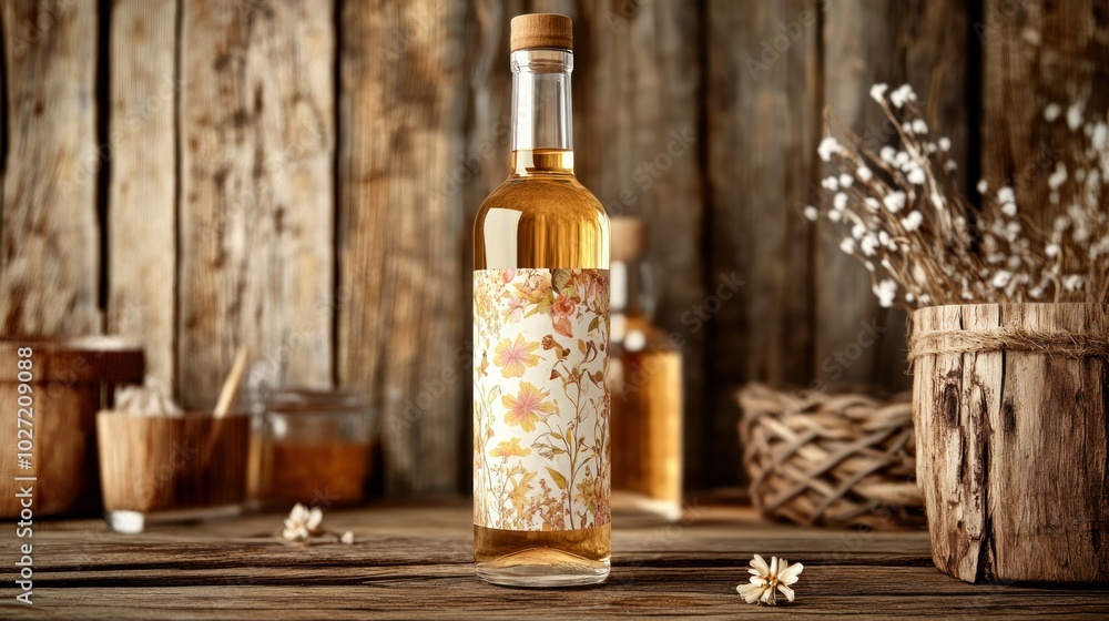 Fototapeta premium A Glass Bottle with a Floral Design Label on a Rustic Wooden Table