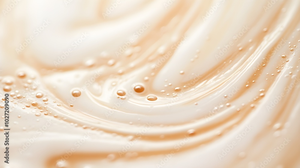 Aerial close-up of a cappuccino, intricate latte art swirling in frothy milk, warm and inviting tones, creamy texture, soft lighting, realistic, digital painting