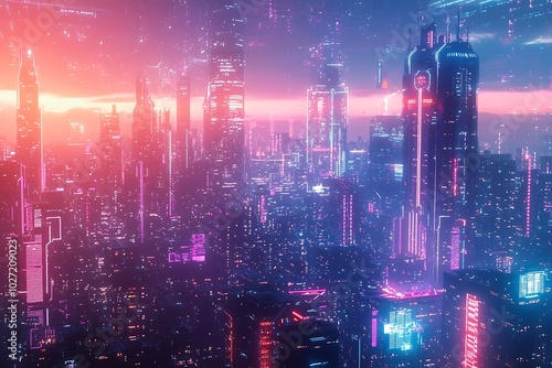 Cityscape in a cyberpunk future bathed in neon lighting and modern architectural styles.