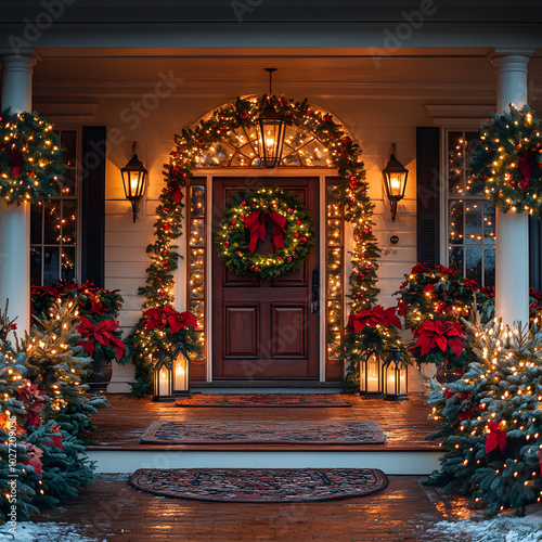 Festive Holiday Decor on a Grand Front Porch Entrance