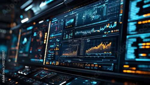 Close-up of a computer screen displaying a variety of data visualizations, including charts, graphs, and maps.