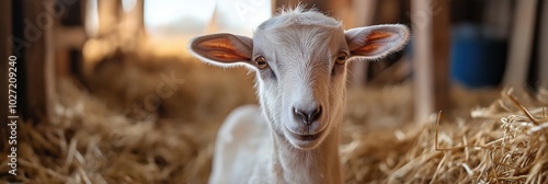 A charming image of a cute goat resting comfortably in a cozy barn, surrounded by straw, capturing the simplicity and warmth of farm life and nature's serenity. photo