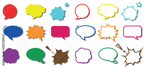 Set of colorful Comic speech bubbles. Retro fill and outline speech bubbles and frames with shadow. Vector illustration isolated on white background.