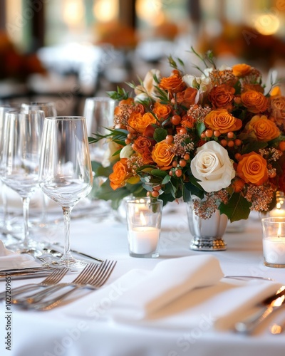 Close-up of a floral centerpiece on a white tablecloth with candles and glasses.