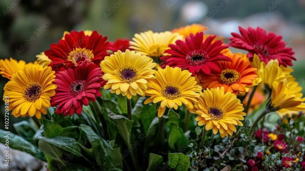 A Bouquet of Vibrant Yellow, Red, and Orange Gerbera Daisies A Bouquet of Vibrant Yellow, Red, and Orange Gerbera Daisies